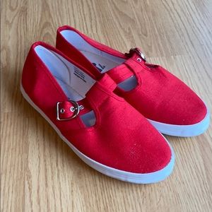 NWOT Red Canvas Slip On T-Strap Maryjane Sneakers